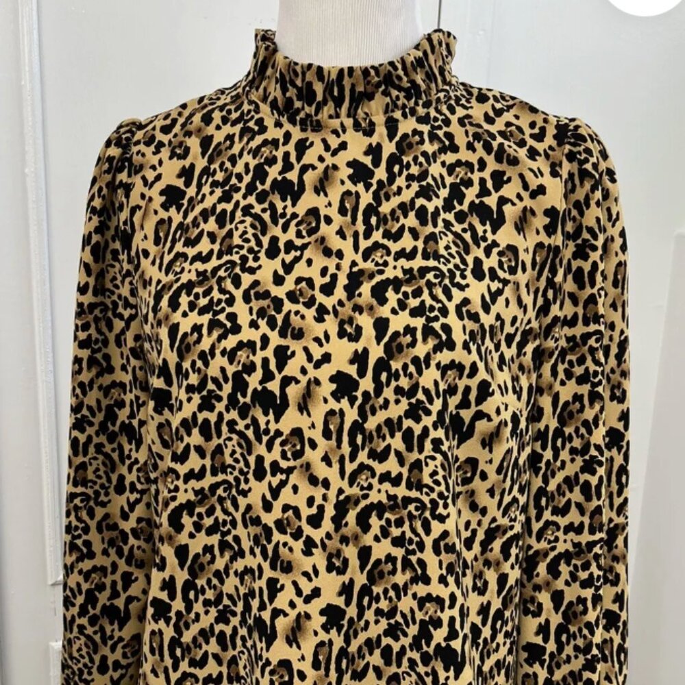 J.Crew Women's Ruffle Neck Blouse Leopard Print Long Sleeve size L